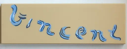 Tan Tile 2 x 6 with Bright Light Blue, Sand Blue, Dark Tan and White 'Vincent' Signature Pattern