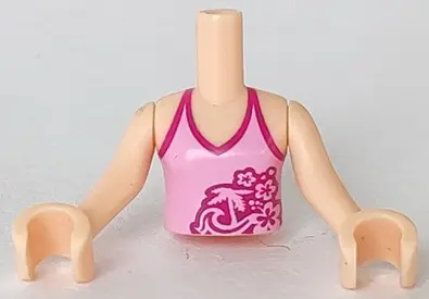 Light Nougat Torso Mini Doll Girl Bright Pink Halter Top with Palm Tree, Waves and Flowers Pattern, 