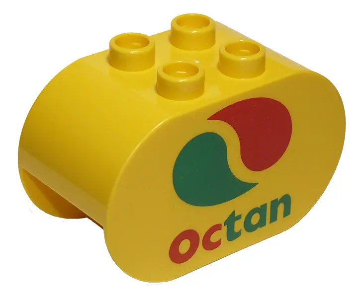 Yellow Duplo, Brick 2 x 4 x 2 Rounded Ends with Octan Logo Pattern
