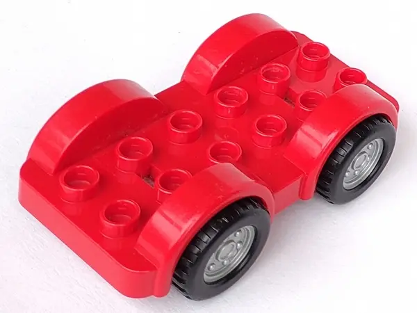 Red Duplo Car Base 2 x 6 with Black Tires and Metallic Silver Wheels on Removable Axles (13305 / 474