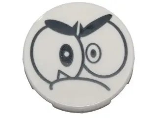 White Tile, Round 2 x 2 with Bottom Stud Holder with Black Large Eyes, Eyebrows and Closed Mouth wit