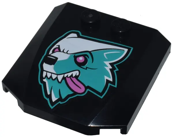 Black Wedge 4 x 4 x 2/3 Triple Curved with Dark Turquoise and White Wolf Head with Dark Pink Eyes an