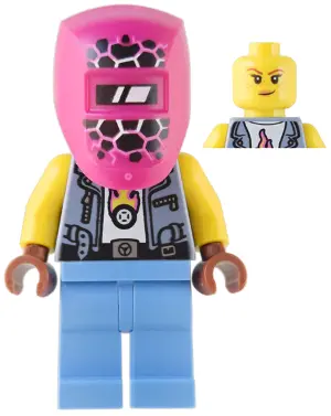 Mechanic - Female, Sand Blue Vest, Medium Blue Legs, Black Helmet, Magenta Welding Visor