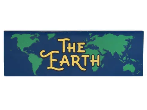 Dark Blue Tile 2 x 6 with Gold 'THE EARTH' and Green World Map Pattern