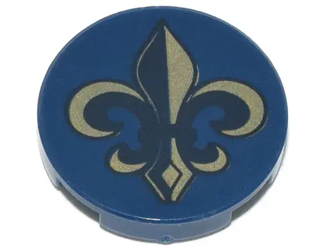 Dark Blue Tile, Round 2 x 2 with Bottom Stud Holder with Gold and Black Fleur-de-lis Pattern