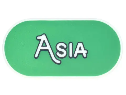 Glow In Dark White Tile, Round 2 x 4 Oval with Black Outline 'ASIA' on Green Background Pattern