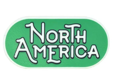 Glow In Dark White Tile, Round 2 x 4 Oval with Black Outline 'NORTH AMERICA' on Green Background Pat