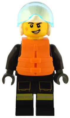 Fire - Male, Black Jacket and Legs with Reflective Stripes and Red Collar, White Helmet, Trans-Light