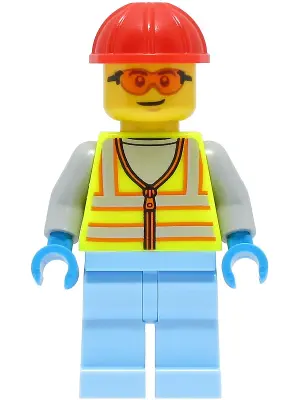 Space Engineer - Male, Neon Yellow Safety Vest with Reflective Stripes, Bright Light Blue Legs, Red 
