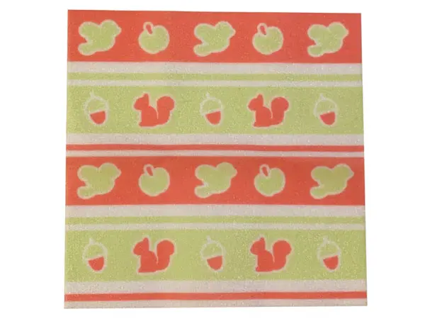 White Duplo, Cloth Blanket 10 x 10 cm with Lime and Coral Stripes, Birds, Apples, Acorns, and Squirr