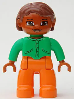 Duplo Figure Lego Ville, Female, Orange Legs, Bright Green Top with Buttons and Pockets, Reddish Bro