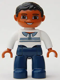 Duplo Figure Lego Ville, Male, Dark Blue Legs, White Top with Buttons and Stripes, Black Hair, Brown