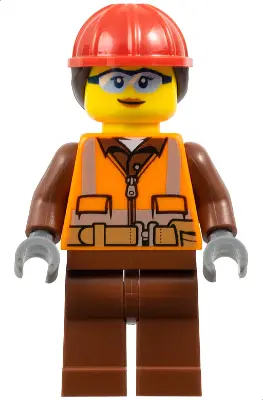 Construction Worker - Female, Orange Safety Vest, Reflective Stripes, Reddish Brown Shirt and Legs, 