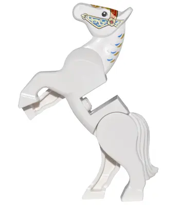 White Horse, Movable Legs with Black Eyes, White Pupils and Blue, Gold and Red Ornate Bridle Pattern