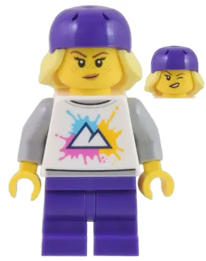 Electric Scooter Rider - Female, White Shirt with Mountains Logo, Dark Purple Medium Legs, Dark Purp