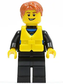 Wetsuit with Blue Sign, Black Legs, Dark Orange Short Tousled Hair, Life Jacket Center Buckle, Open 