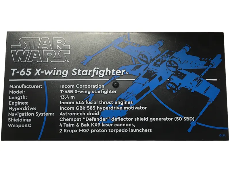 Black Tile 8 x 16 with Bottom Tubes, Textured Surface with Star Wars T-65 X-wing Starfighter Pattern