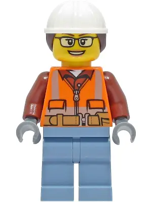 Construction Worker - Female, Orange Safety Vest, Reflective Stripes, Reddish Brown Shirt, Sand Blue