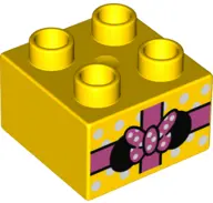 Yellow Duplo, Brick 2 x 2 with Gift Wrap, Polka Dots, and Minnie Mouse Ears and Bow Pattern