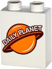 White Duplo, Brick 1 x 2 x 2 with Planet and 'DAILY PLANET' Pattern