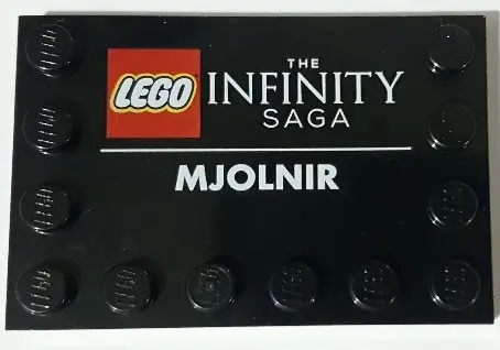 Black Tile, Modified 4 x 6 with Studs on Edges with 'THE INFINITY SAGA' and 'MJOLNIR' Pattern