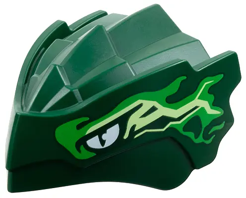 Dark Green Dragon Head (Ninjago) with Stepped Top and Pin Hole on Back with White Eyes, Bright Green