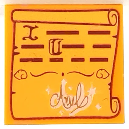 Bright Light Orange Tile 2 x 2 with Scroll Letter and Text Lines and Script 'Ariel' Pattern