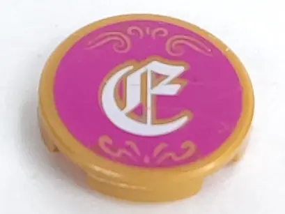 Pearl Gold Tile, Round 2 x 2 with Bottom Stud Holder with Filigree and White Character on Magenta Ba