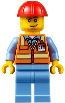Orange Safety Vest with Reflective Stripes, Medium Blue Legs, Red Construction Helmet, Smirk and Stu