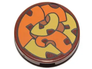 Reddish Brown Tile, Round 2 x 2 with Bottom Stud Holder with Orange and Yellow Tentacles Pattern