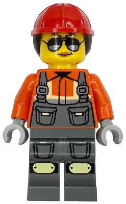 Worker - Female, Dark Bluish Gray Overalls over Reddish Orange Safety Jacket with Reflective Stripes
