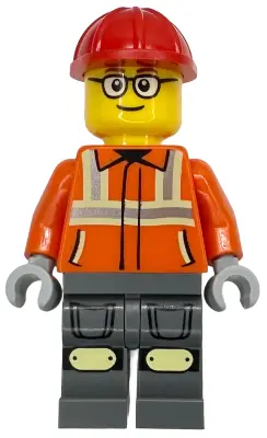 Worker - Male, Reddish Orange Safety Jacket with Reflective Stripes, Dark Bluish Gray Legs with Knee