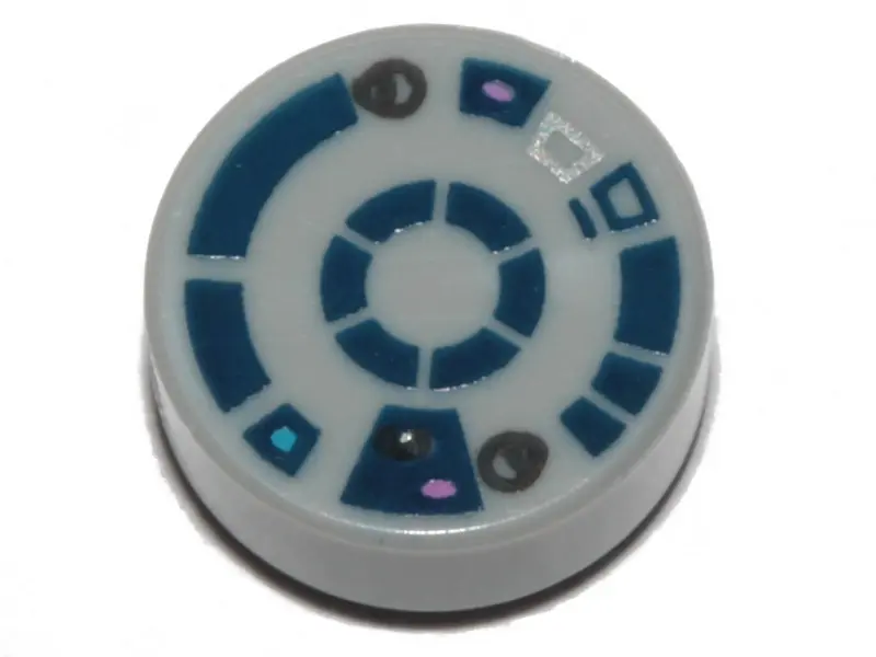 Light Bluish Gray Tile, Round 1 x 1 with Dark Blue R2-D2 Astromech Droid Pattern