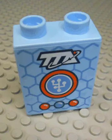Bright Light Blue Duplo, Brick 1 x 2 x 2 with White 'TTA' and Orange and Blue Circle and Buttons on 