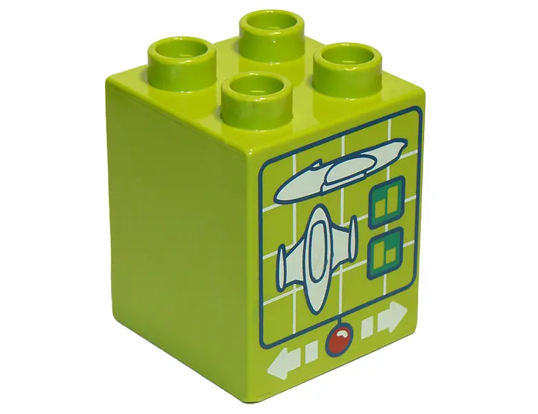 Lime Duplo, Brick 2 x 2 x 2 with Computer Screen with Spaceship and White Arrows and Red Button Patt