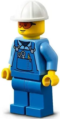 Roadwork Truck Driver - Male, Blue Overalls over Medium Blue Shirt, Blue Legs, White Construction He