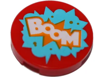 Red Tile, Round 2 x 2 with Bottom Stud Holder with 'BOOM' in Medium Azure Starburst Explosion Patter