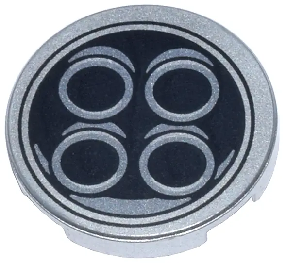 Metallic Silver Tile, Round 2 x 2 with Bottom Stud Holder with 4 Exhaust Pipes in Black Circle Patte