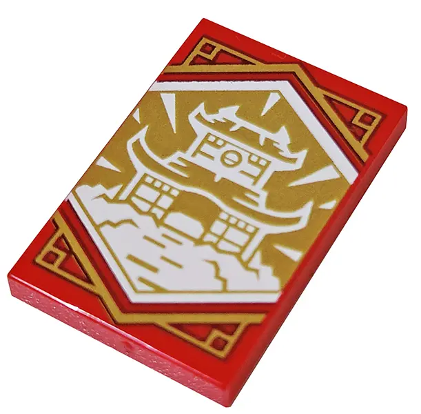 Red Tile 2 x 3 with White Dojo Temple on Gold Background with Gold Trim Pattern (Ninjago Wisdom Bann