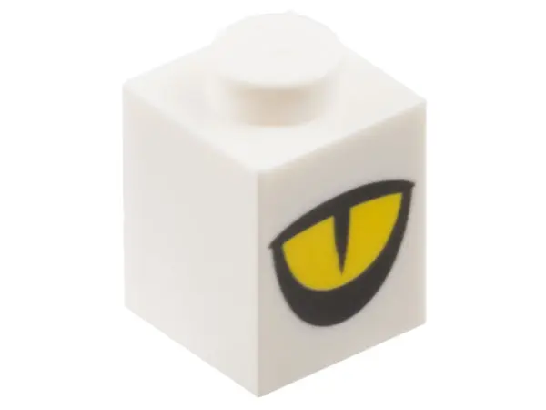 White Brick 1 x 1 with Yellow Eye Partially Closed, Black Slit Pupil Pattern