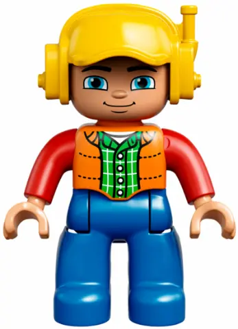 Duplo Figure Lego Ville, Male, Blue Legs, Orange Vest, Dark Green Plaid Shirt, Red Arms, Yellow Cap 