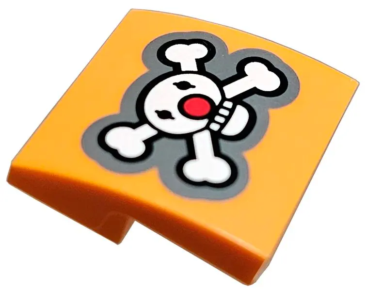 Slope, Curved 2 x 2 x 2/3 with Black and White Skull and Crossbones with Red Clown Nose on Dark Blui
