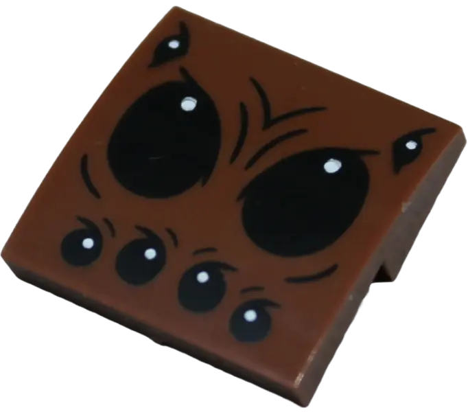 Reddish Brown Slope, Curved 2 x 2 x 2/3 with Black Spider Eyes and White Pupils Pattern