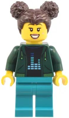 Robot World Patron - Female, Dark Green Hoodie, Dark Turquoise Legs, Dark Brown Hair with Buns