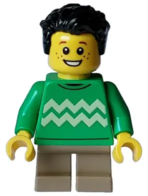 Child - Boy, Bright Green Sweater with Bright Light Yellow Zigzag Lines, Dark Tan Short Legs, Black 