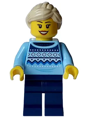 Winter Market Stall Vendor - Female, Bright Light Blue Knit Fair Isle Sweater, Dark Blue Legs, Tan P