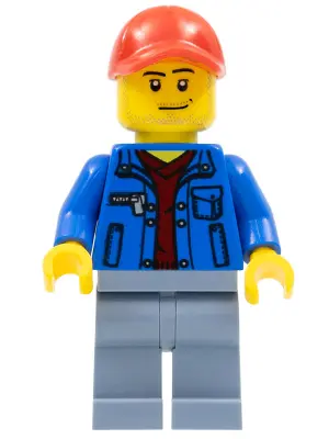 Blue Jacket over Dark Red V-Neck Sweater, Sand Blue Legs, Red Cap with Hole, Smirk and Stubble Beard