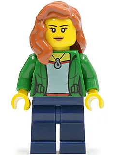 Green Female Jacket Open with Necklace, Dark Blue Legs, Dark Orange Female Hair over Shoulder