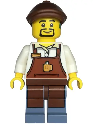 Barista - Male, Reddish Brown Apron with Cup and Name Tag, Sand Blue Legs, Reddish Brown Flat Cap, H