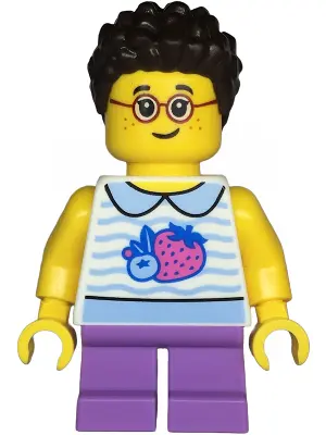 Child - Girl, White Collared Shirt with Fruit, Medium Lavender Short Legs, Dark Brown Short Coiled H
